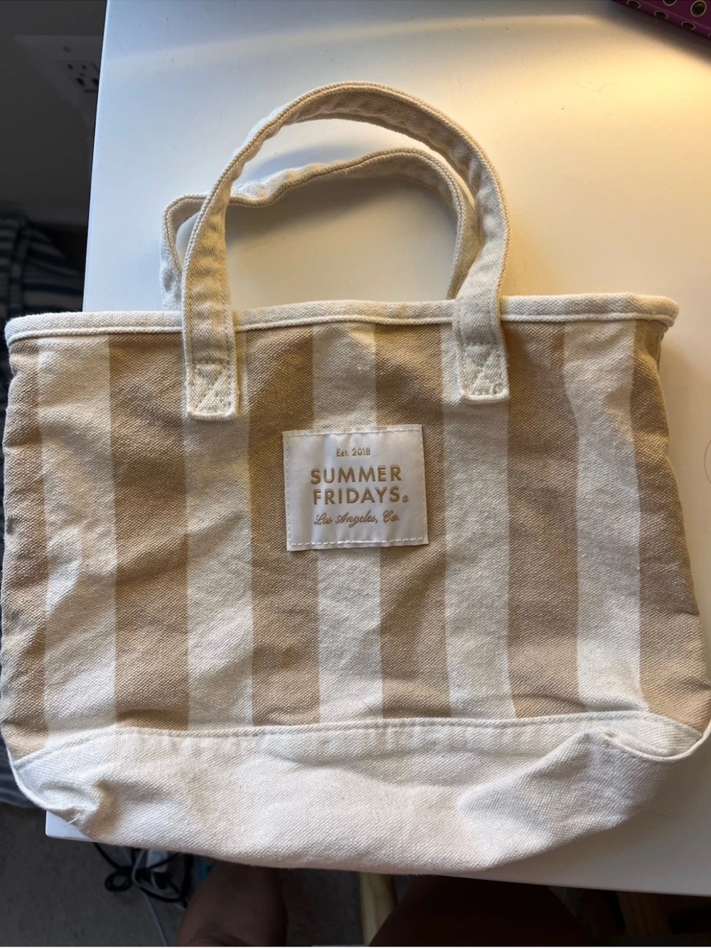 Summer Fridays Beige & White Striped Canvas Tote